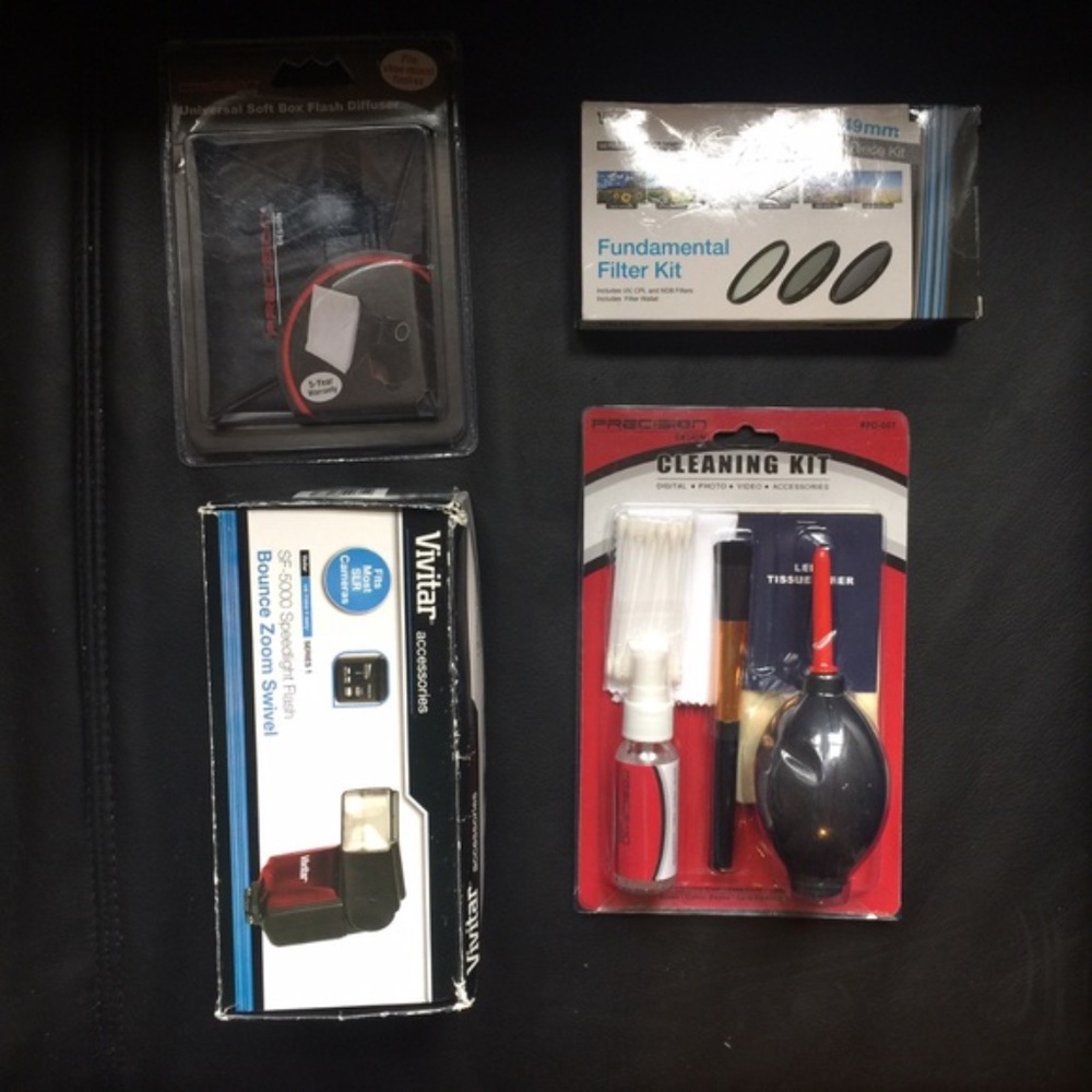 flash, diffuser, cleaning kit, filter kit camera